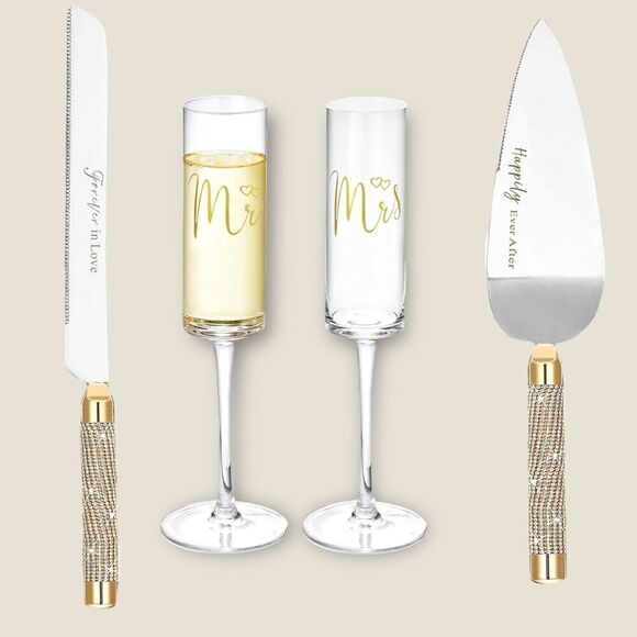 Wedding Cake Knife and Server Set and Champagne Flutes Gold Jeweled Handles - Picture 5 of 5